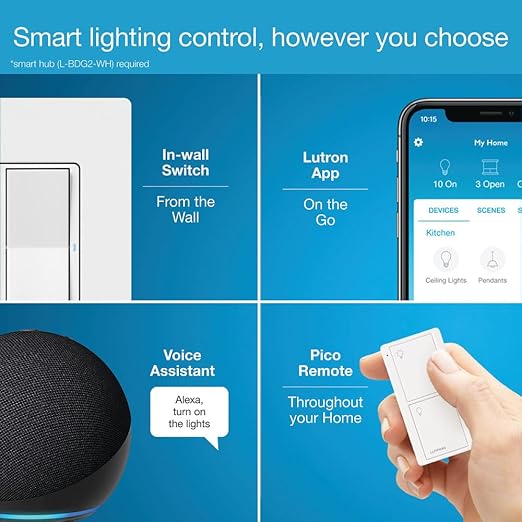 Lutron Claro Smart Light Switch for Caseta Lighting, for LED Lights, Fans, 5 Amp, Single-Pole/3-Way, Neutral Required, DVRF-5NS-LA, Light Almond