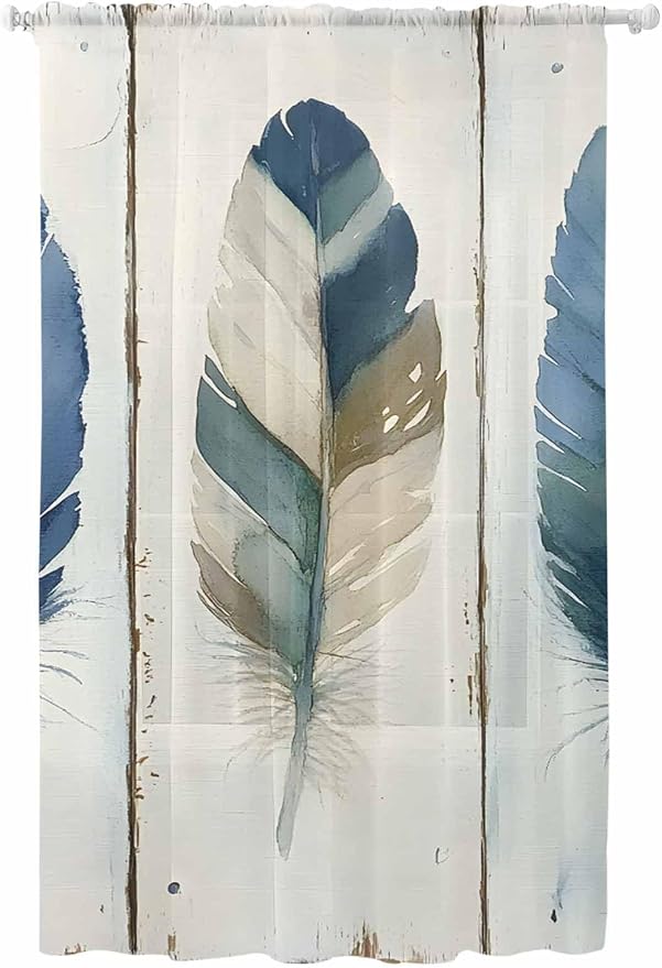 Sheer Curtains 96 Inches Long, Boho Blue Feathers Semi Sheer Curtains Light by Unknown