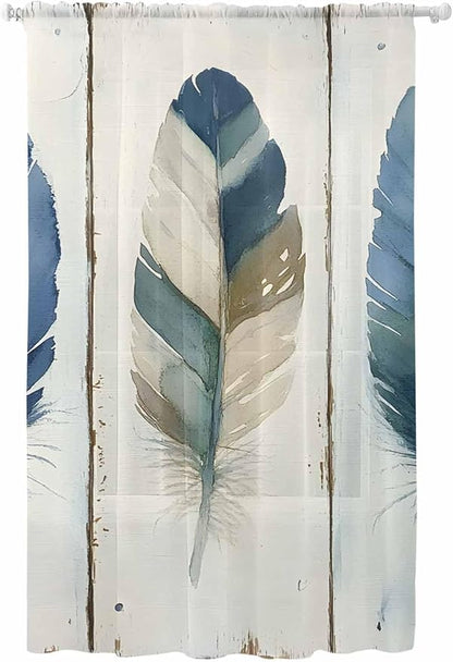 Sheer Curtains 96 Inches Long, Boho Blue Feathers Semi Sheer Curtains Light by Unknown