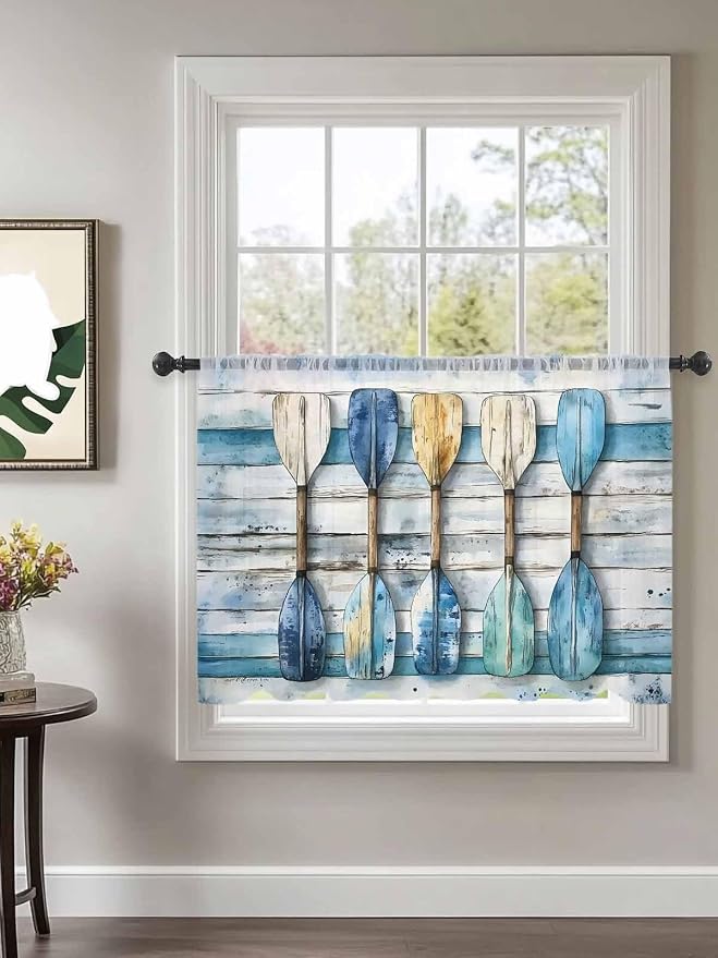 Sheer Curtains 45 Inch Length, Lake Paddle Striped Semi Sheer Curtains Light - Image 2