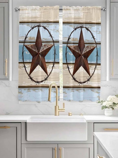 Vintage Western Star on Wood Grain Window Valance Curtains, Retro Wooden - Image 3