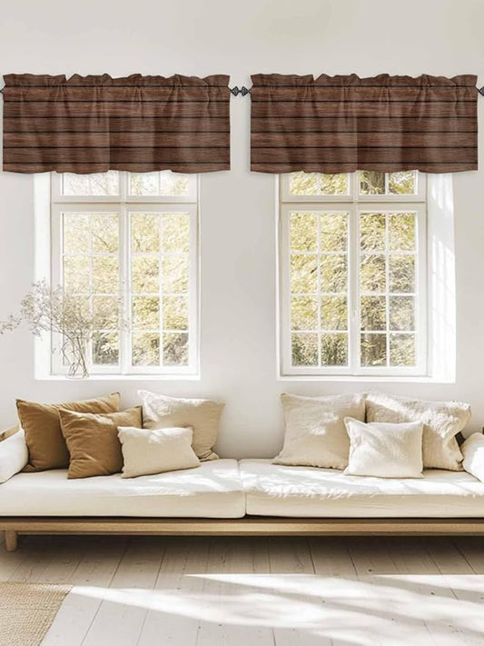 2 Pack Kitchen Valance for Windows, Farm Brown Wood Board Light Filtering Rod by Alandar+Home