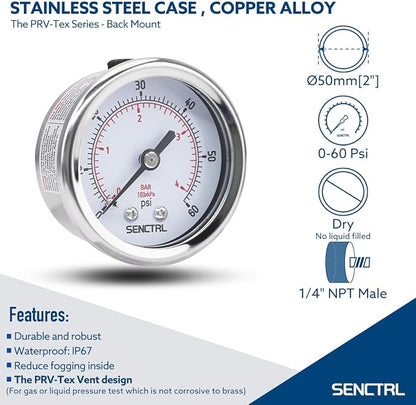 SENCTRL 0-60 Psi Pressure Gauge, 1/4 NPT Back Mount, Waterproof, Stainless - Image 2