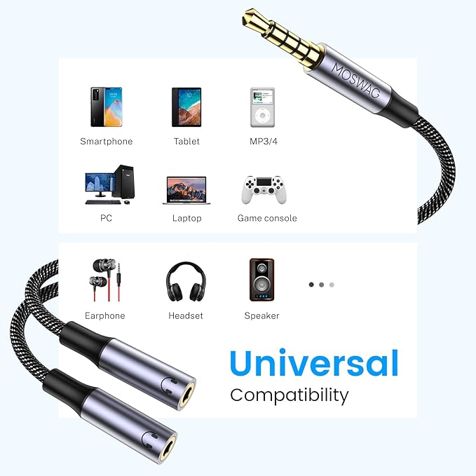 MOSWAG Headphone Splitter for 2 TRRS Headphones, 3.5mm Male to 2 Female Audio Jack Splitter Adapter Compatible with Two Headsets or Microphones to Pc, Laptop, Smartphones, Ps4, Ps5