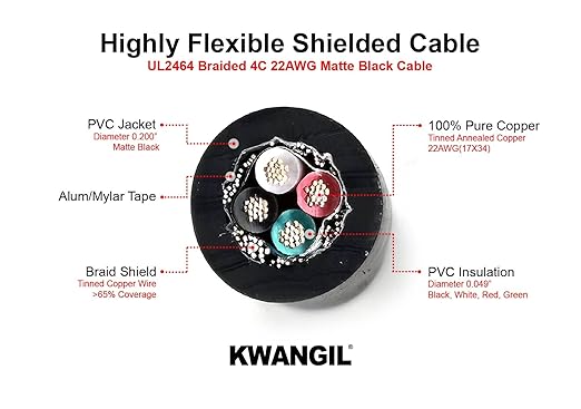 KWANGIL 4C 22AWG AMSB Shielded Cable Wire (UL2464) - Highly Flexible Str TC, PVC Ins, OS+TC BRD, PVC JKT for CNC Machine, Stepper Motor, VFD Spindle (Matte Black 25FT)