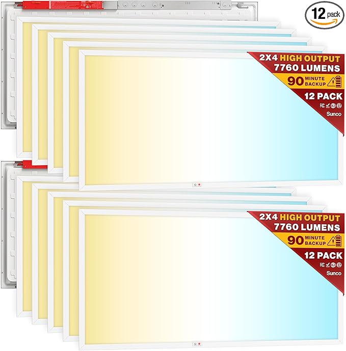 Sunco 12 Pack 2x4 LED Flat Panel Light Drop Ceiling Office Fixture with Emergency Battery Backup, 90 Minute Duration, 7760 LM, Selectable Features, 40/50/60W, 4000/5000/6000K, Dimmable (0-10V) ETL.