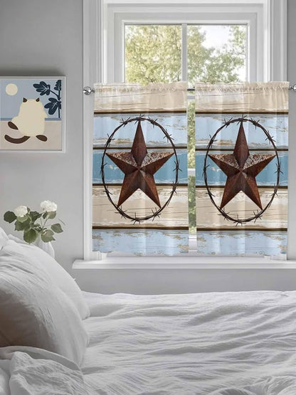 Vintage Western Star on Wood Grain Window Valance Curtains, Retro Wooden - Image 5