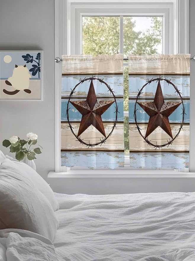 Vintage Western Star on Wood Grain Window Valance Curtains, Retro Wooden - Image 3