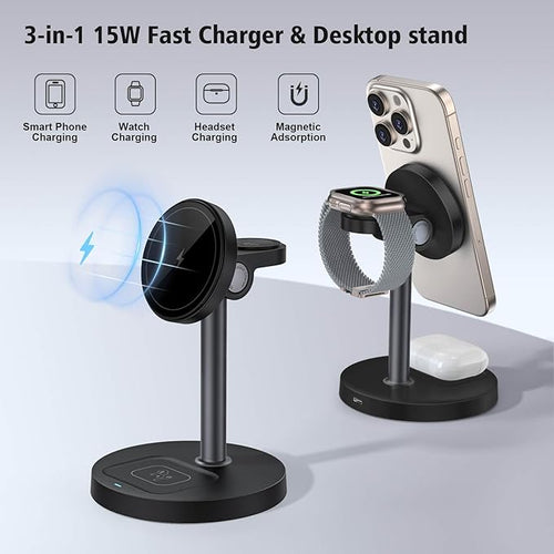 3 in 1 Wireless Charging Station for Apple Magsafe Charger Stand,15W Fast Magnetic Charging Station for iPhone 17 Air 16 15 14 13 12 11 Series, Watch Ultra & AirPods Apple Devices, Cell Phone Dock