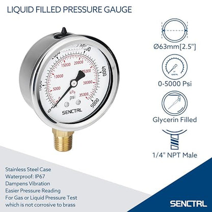 SENCTRL 5000 Psi Glycerin Liquid Filled Hydraulic High Pressure Gauge, 2.5" - Image 2