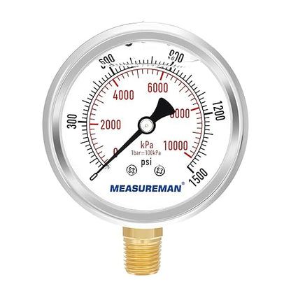 MEASUREMAN 2-1/2" Dial Size, Glycerin Filled Pressure Gauge, 0-1500psi/kpa by MEASUREMAN