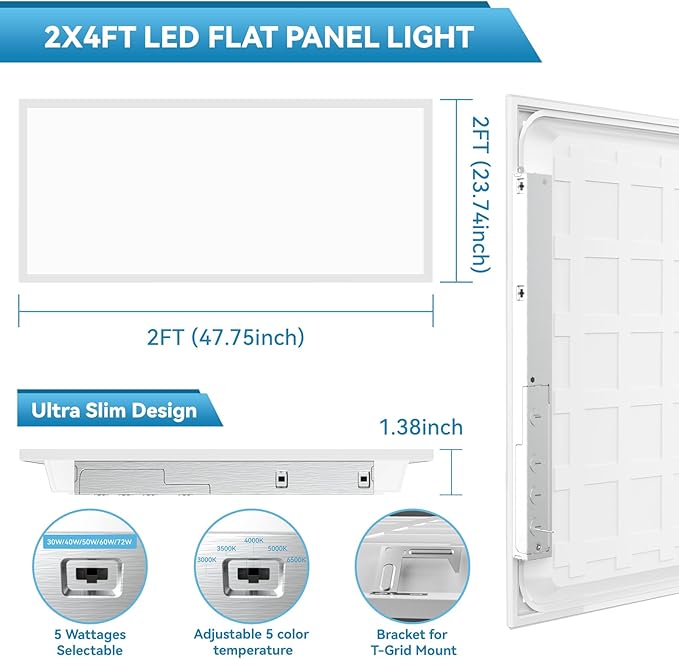 Msbfi 2x4 LED Flat Panel Lights Drop Ceiling Light Fixture 5000K 4000K 3000K Selectable 0-10v Dimmable, 30-40-50W 24x48 LED Light Fixture 100-277V for Office Ceiling Lighting Fixture ETL/DLC 6 Pack