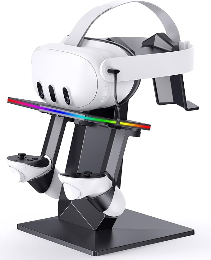 Charging Dock for Meta Quest 3S, Quest 3, 2 or Pro，RGB Charging Vertical Stand，Accessories with Brightness Adjustment and 14 Light Effects Adjustment, Type-C Charging Port