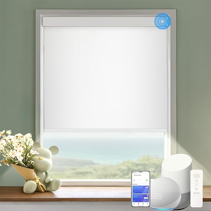 COOLWINDS Motorized Blinds with Remote Cordless Automatic Motorized Shades Custom Blinds for Windows Smart Curtains Compatible with Alexa Google Home(Blackout Ivory White,W60 x H72in)