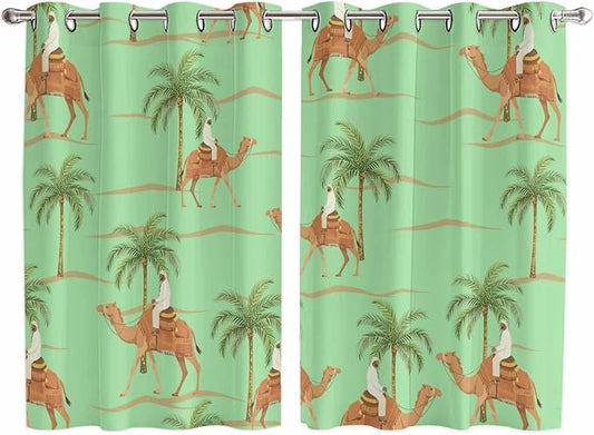 2 Panel Kitchen Cafe Curtains, Desert Camels Sunlight Filtering Nature Air by Hokiten