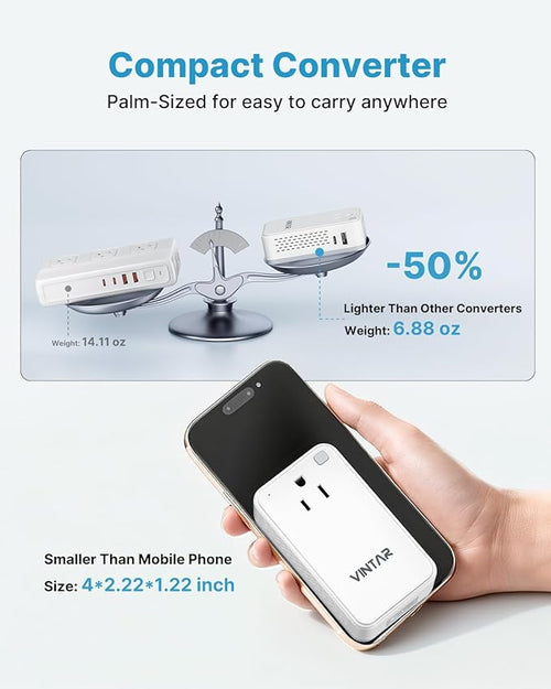 220V to 110V Converter for European Travel, VINTAR 200W Mini Universal Travel Adapter Voltage Converter US to Europe, International Step Down Power Converter Adapter Combo for EU UK AUS India