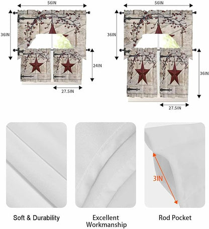 Village Stars Swag Kitchen Curtains Valance and Tier Set, Vintage Dark Red Star - Image 6
