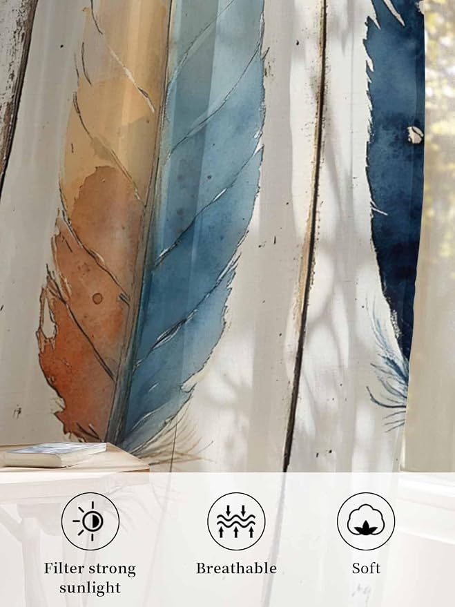 Sheer Curtains 45 Inch Length, Boho Ombre Vintage Wooden Grain Privacy Voile - Image 6