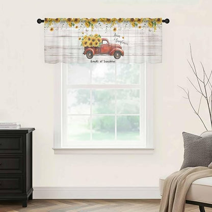 Farmhouses Sunflowers Sheer Valance Curtains, Retro Floral Leaves Red Truck - Image 5