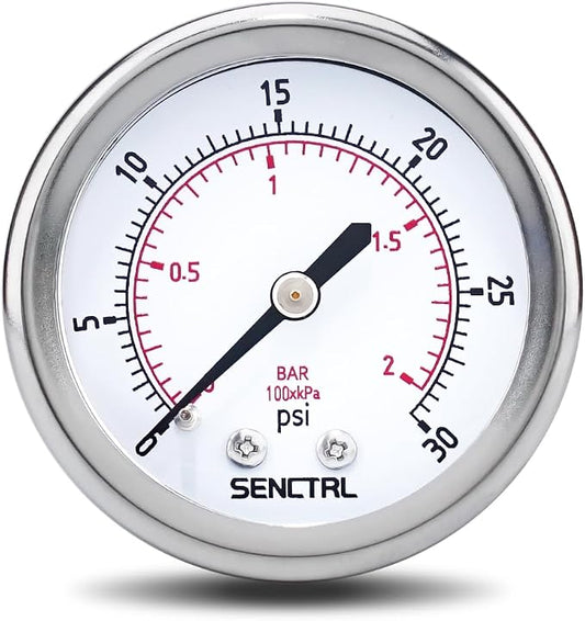 SENCTRL 0-30 Psi Low Pressure Gauge, 1/4 NPT Back Mount, Waterproof, Stainless by senctrl
