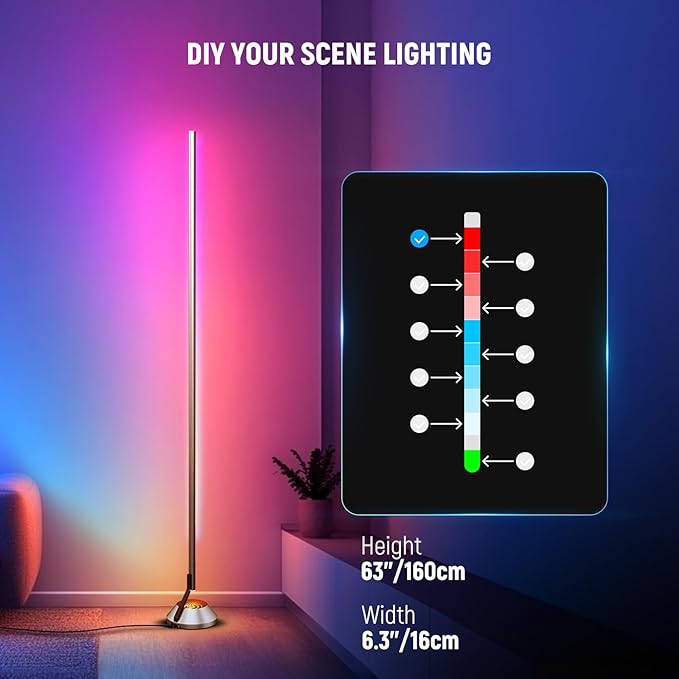 NEEWER Smart RGBW Floor Lamp, 1500lm LED Standing Corner Light Compatible with Alexa Google, APP Control/AI DIY/Music Sync/16 Million Colors, Ambience Lighting for Bedroom Living Room Home Decor, NF01
