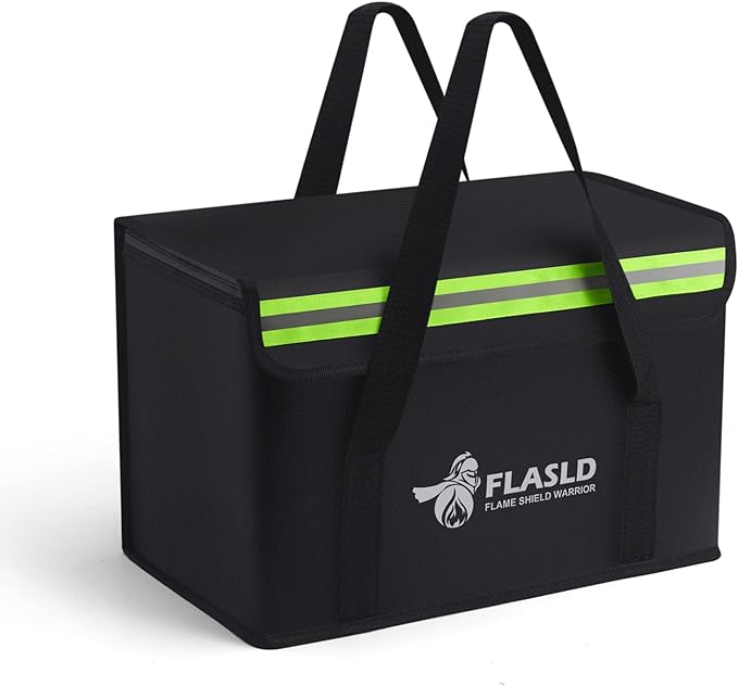 FLASLD Large Fireproof Lipo Bag for 100Ah Lithium Battery Storage and Charging, 14 x 7.8 x 9.5in Waterproof Box for Documents and Valuables