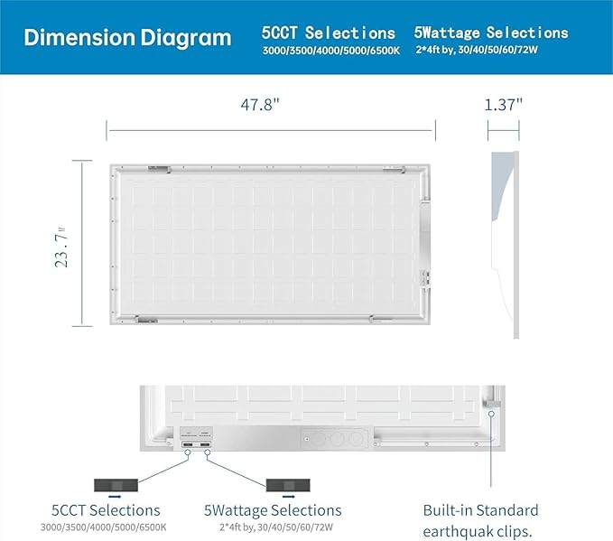 2x4 FT LED Light Flat Panel, 40/50/60W, Color Temperature Selectable 3K | 4K | 5K, Dimmable Recessed Drop Ceiling Lights, 5000/6250/7500 Lumens, Lay in Fixture for Office, 120-277V, UL DLC(6 Pack)