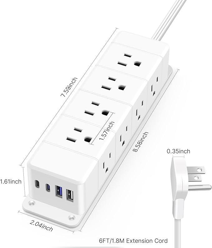 30W USB C Power Strip Surge Protector,Ultra Thin Flat Plug Power Strip 4 Side 12 Outlets,PD Fast Charing,2 USB-C, 2 USB-A(4 USB Total 40W),6ft Slim Extension Cord,16 in 1 Desk Power Bar,1200J White