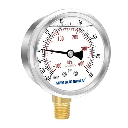 MEASUREMAN 2-1/2" Dial Size, Glycerin Filled Pressure Gauge, 30inHG-60psi - Image 2