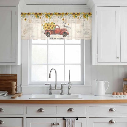 Farmhouses Sunflowers Sheer Valance Curtains, Retro Floral Leaves Red Truck - Image 2