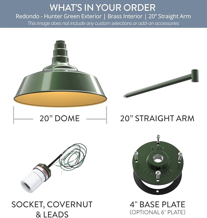 Steel Lighting Co. Large Outdoor Barn Light |Garage Light Fixture | Made in America from 18-Gauge Steel | 20" Dome | 20" Straight Arm Hunter Green Exterior/Brass Interior