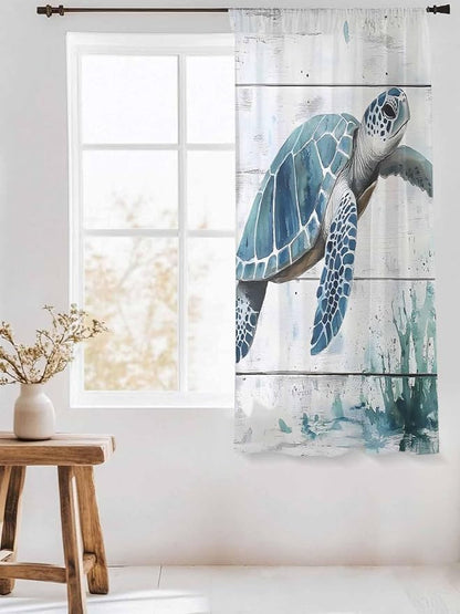 Sheer Curtains 63 Inch Length, Teal Green Sea Turtle Semi Sheer Curtains Light - Image 3