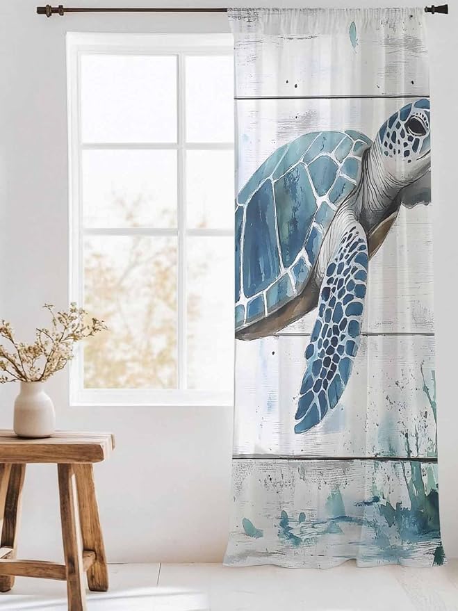 Sheer Curtains 108 Inches Long, Teal Green Sea Turtle Semi Sheer Curtains Light - Image 3