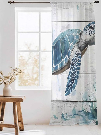 Sheer Curtains 108 Inches Long, Teal Green Sea Turtle Semi Sheer Curtains Light - Image 3