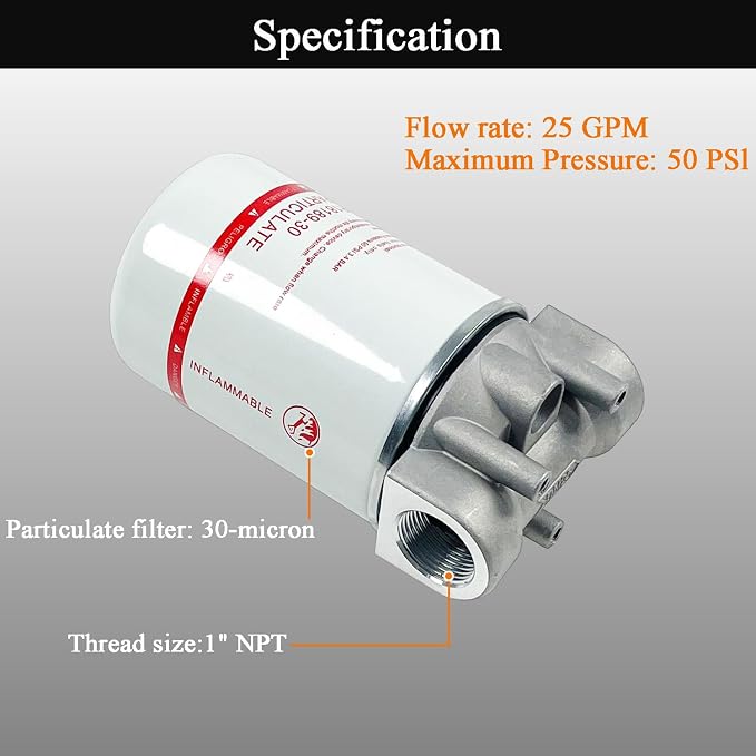 1 Inch NPT Fuel Tank Filter Kit, High Flow Fuel Filter 25 GPM 30 Micron Spin-on - Image 3