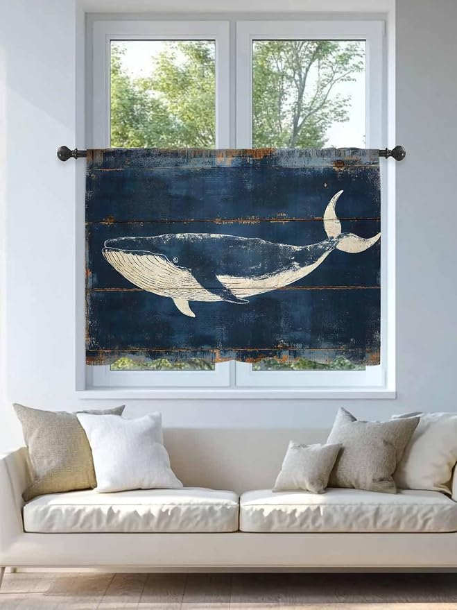 Sheer Curtains 45 Inch Length, Summer Whale Blue Semi Sheer Curtains Light - Image 4