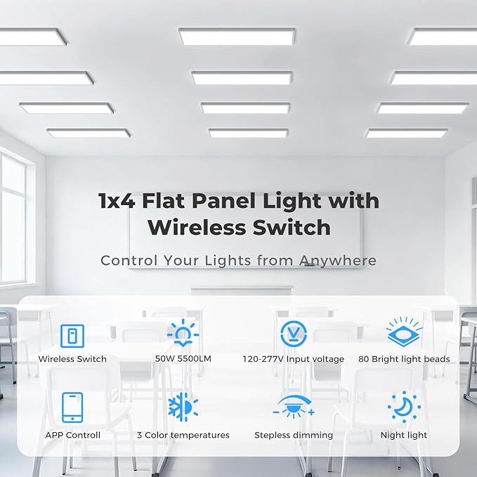 AIKVSXER 36 Pack 1x4 FT LED Flat Panel Light Surface Mount, with Wireless Switch & App Control, Night Mode, 50W 5500LM, 3000K/4000K/6500K, Ultra-Thin LED Light for Office Home,120-277V - White