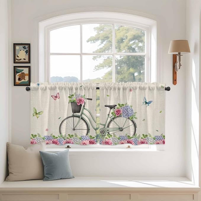 Farmhouse Spring Tier Curtains, Retro Bicycles Flowers Vines Butterfly Light - Image 3