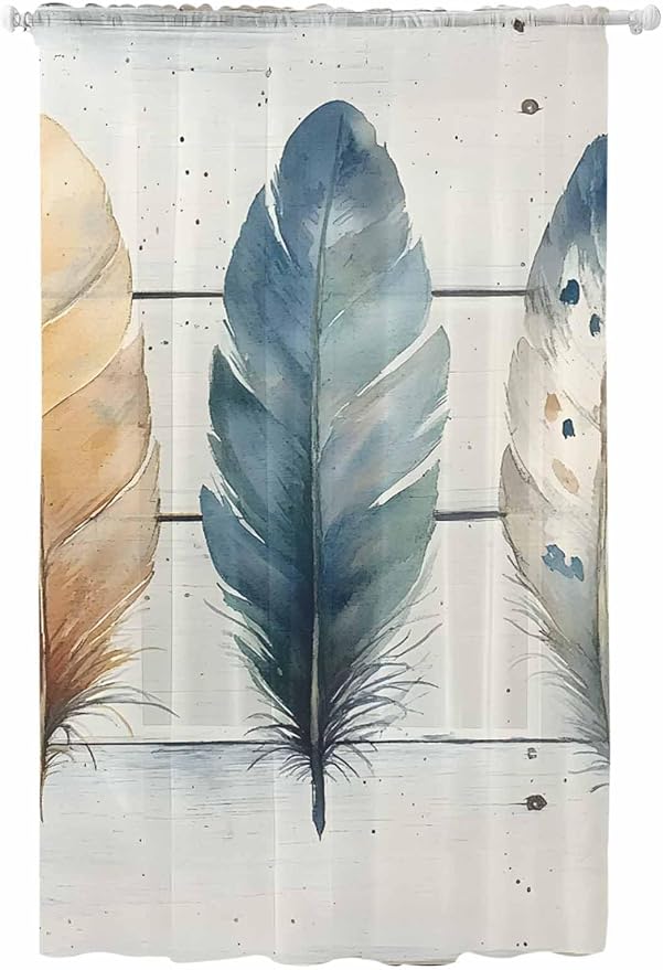 Sheer Curtains 84 Inches Long, Boho Blue Feathers Semi Sheer Curtains Light by Unknown