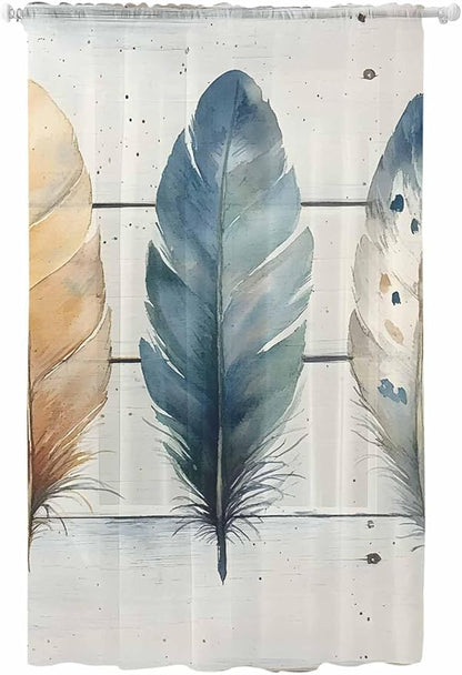 Sheer Curtains 96 Inches Long, Boho Blue Feathers Semi Sheer Curtains Light by Unknown