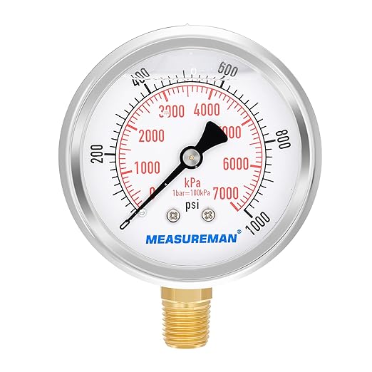 MEASUREMAN 2-1/2inch Dial Size, Liquid Filled Pressure Gauge, 0-1000psi/7000kpa by MEASUREMAN