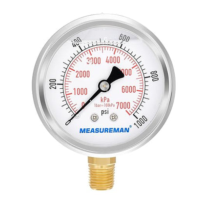 MEASUREMAN 2-1/2inch Dial Size, Liquid Filled Pressure Gauge, 0-1000psi/7000kpa by MEASUREMAN