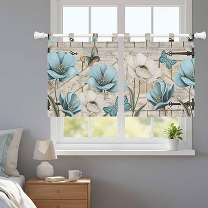 Teal Blue Tulips Kitchen Curtains 36 Inch Length, Small Window Curtains Tab Top - Image 9