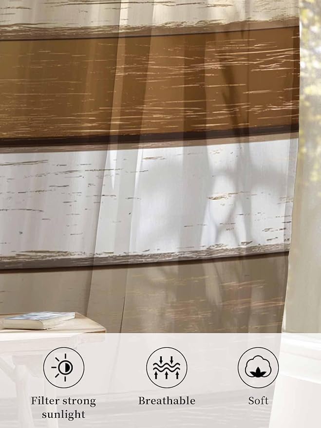 Sheer Curtains 72 Inches Long, Vintage Geometric Brown Semi Sheer Curtains - Image 6