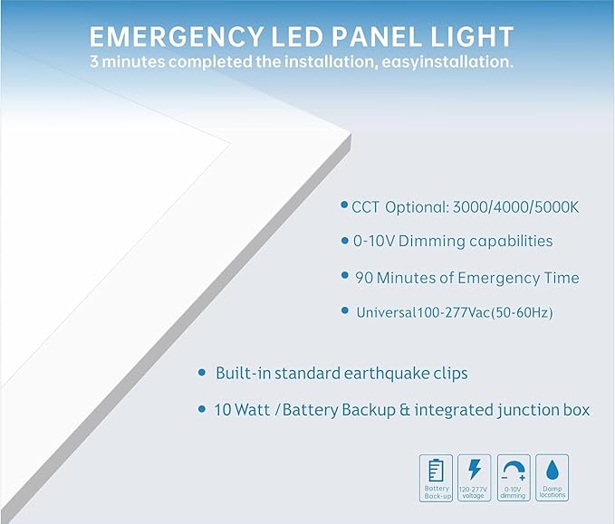 2X2 LED Flat Panel Light Emergency Battery Backup, 40W-3000K/4000K/5000K, 0-10V Dimmable, 4390 Lumens, LED Drop Ceiling Light, 100-277V, DLC and UL Listed, Ultra Thin Back-Lit (6 Pack)