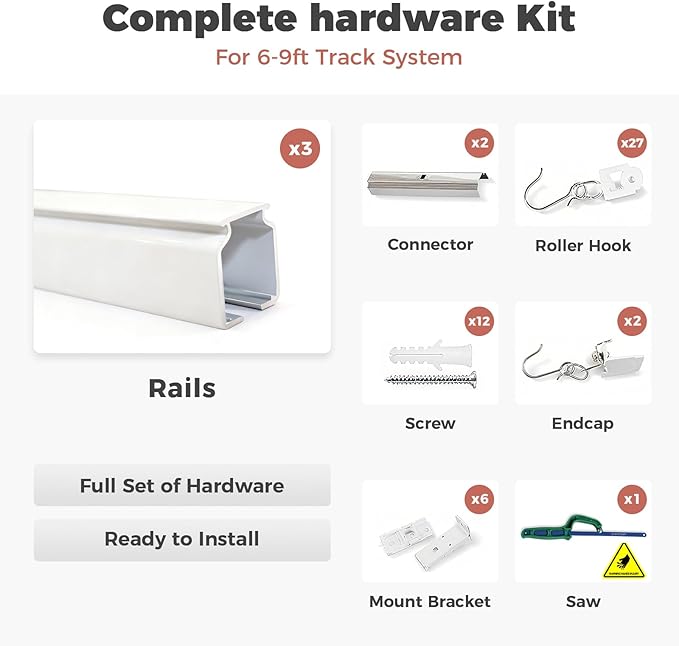 ChadMade Ceiling/Wall Mount Curtain Track Rod Set with Hooks, 6ft - 9ft Adjustable Length Window Rod Track Curtain Rail System For Living Room Bedroom, Work with Grommet and Pinch Pleated Curtain