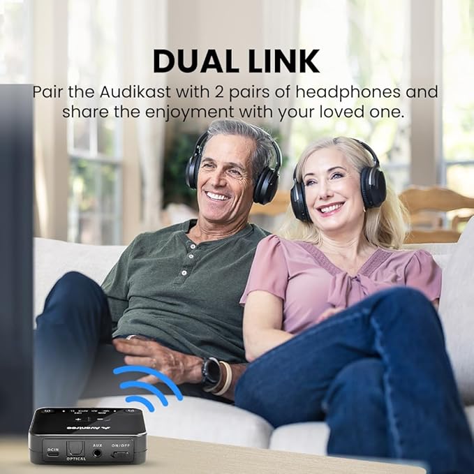 Avantree Audikast 3 – Bluetooth 5.3 Transmitter for TV Audio via Optical & AUX Outputs Only, aptX Adaptive, Dual Headphone Connection, 100ft Range – Not for HDMI–Only TVs