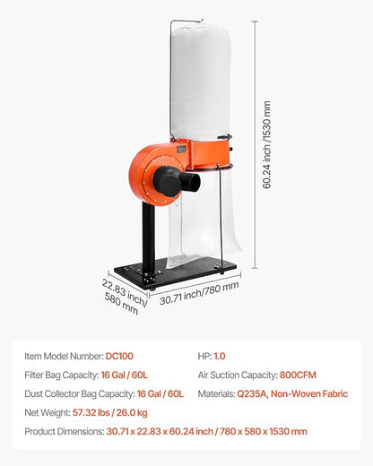 VEVOR Dust Collector, 800 CFM 2.5 Micron Vortex Cone Dust Collectors, 1HP - Image 7