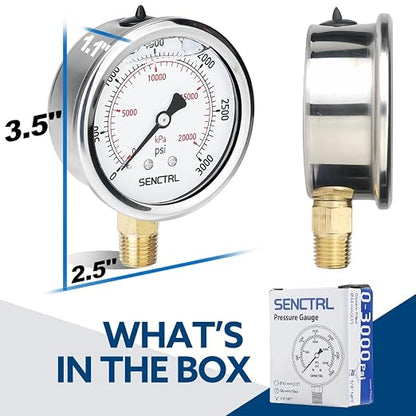SENCTRL 3000 Psi Glycerin Liquid Filled Hydraulic Pressure Gauge, 2.5" Dial Size - Image 6