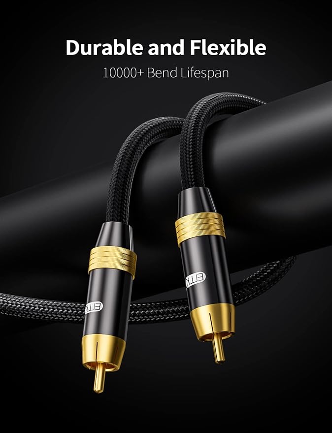 Subwoofer Cable,EMK Digital Coaxial Audio Cable [24K Gold-Plated, Durable Cotton] Premium S/PDIF RCA Male to RCA Male for Home Theater, Soundbar,Speaker,HDTV, Subwoofer, Hi-Fi Systems (Black-9.8ft/3m)